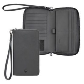   BOSS nagyméretű női pénztárca cipzárral valódi bőrből, Double B Saffiano kollekció - szürk